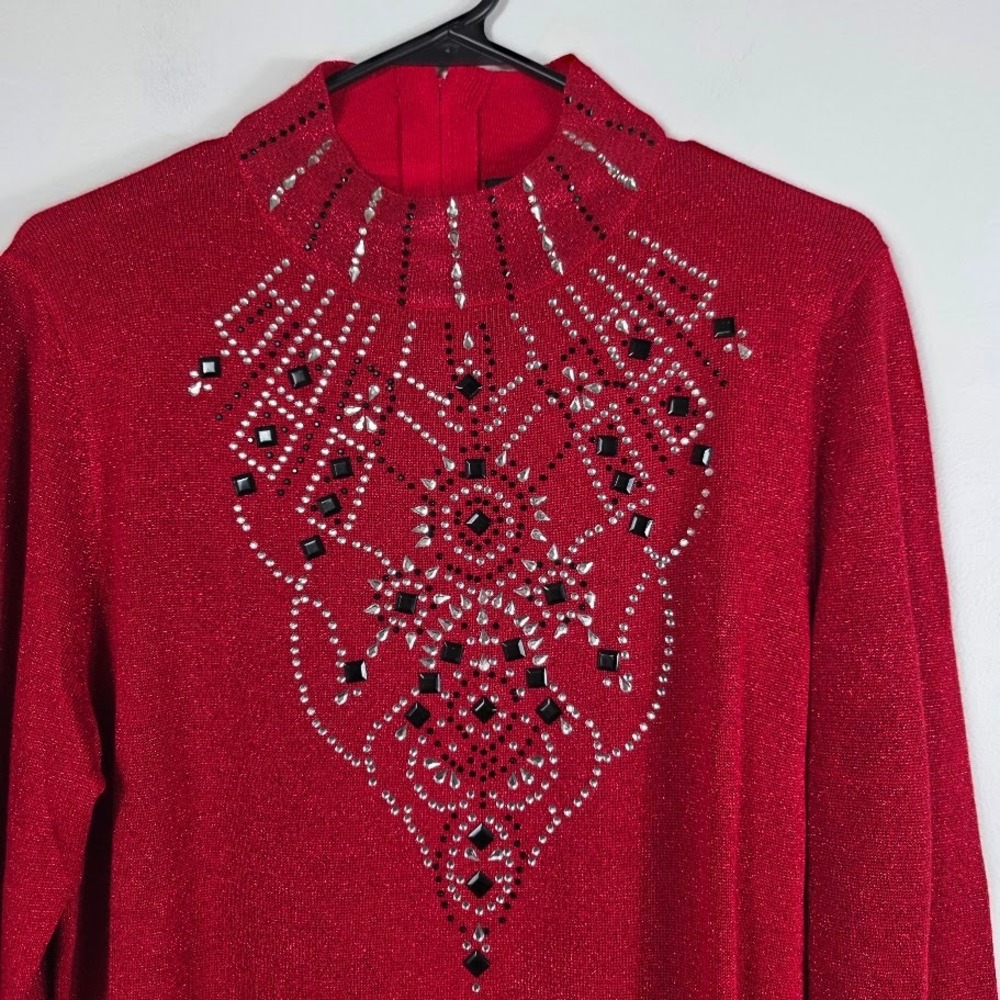 Once Again Women's Red Sparkle Rhinestone Mock Neck Long Sleeve Top Size L‎